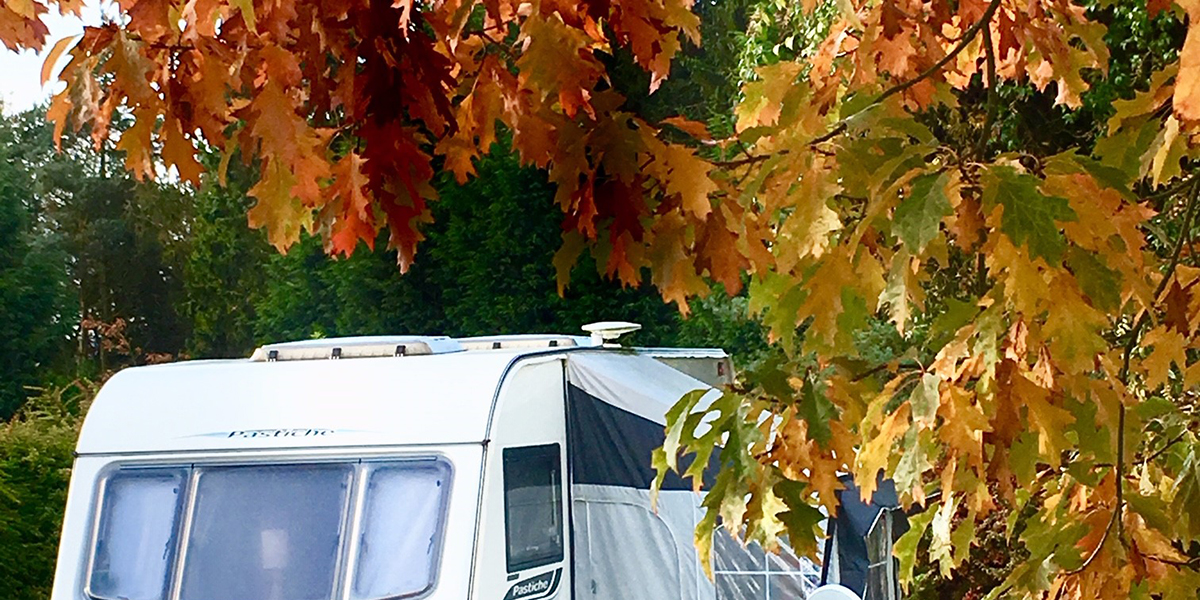 Autumn caravan pitch at Longnor Wood Holiday Park